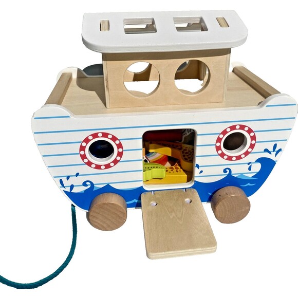 Wooden Noah's Ark Pull Toy Boat Animal Shape Sorter Painted Bible Story Toddler - Picture 1 of 16
